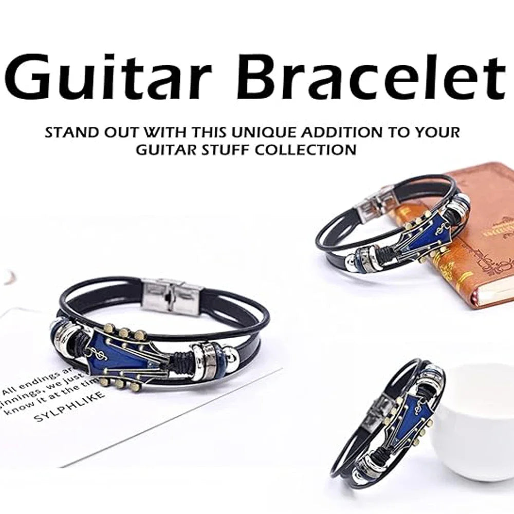 Retro Faux Leather Guitar Bracelet, Punk Rock Music Guitar Genuine Leather Bracelet, Handmade Braided Multi-Layer Wrap Bracelet