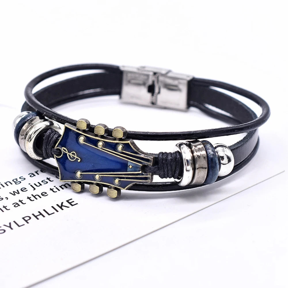 Retro Faux Leather Guitar Bracelet, Punk Rock Music Guitar Genuine Leather Bracelet, Handmade Braided Multi-Layer Wrap Bracelet
