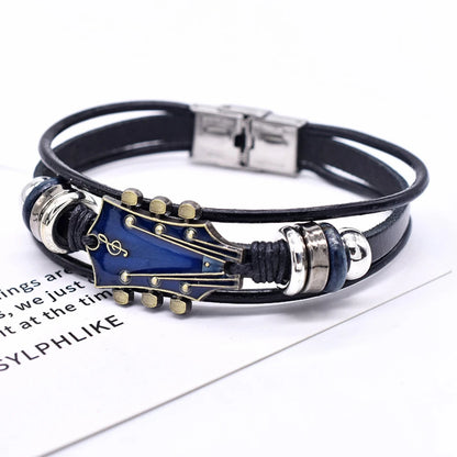 Retro Faux Leather Guitar Bracelet, Punk Rock Music Guitar Genuine Leather Bracelet, Handmade Braided Multi-Layer Wrap Bracelet
