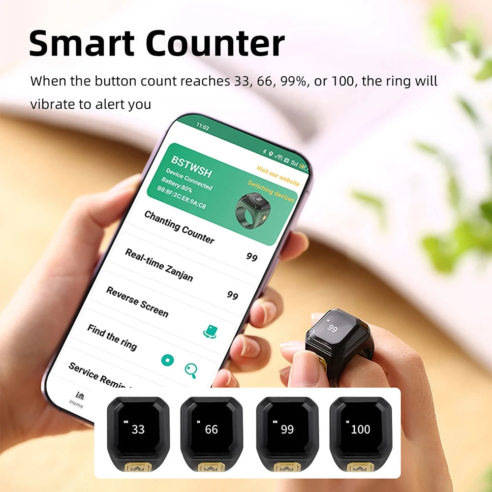 OLED Digital Smart Zikr Ring Counters Bluetooth App Tasbih Tally Counter for Muslims Prayer Time Vibration Reminder Alarm Clock