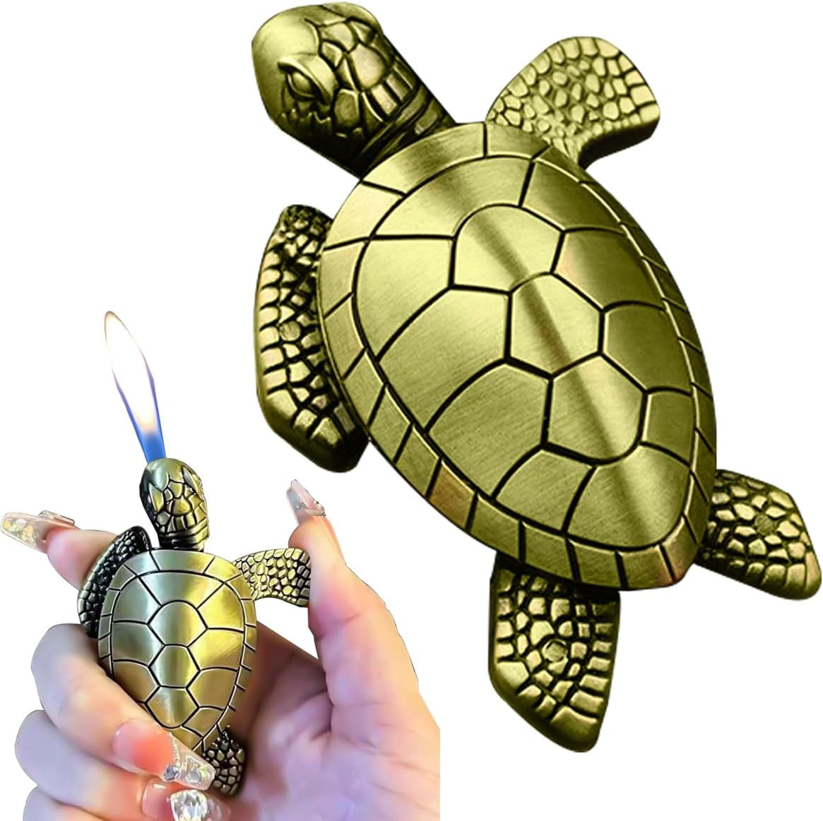 Turtle Lighter, Unique Soft Flame Refillable Butane Lighter, Bronze Metal Cute Tortoise Design, Unique Decorative Piece, for Men & Women (Gas Not Included)