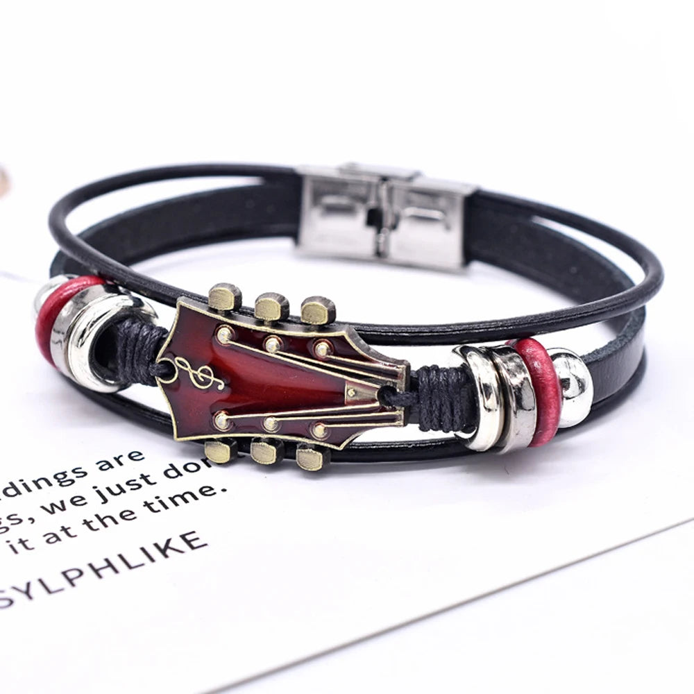 Retro Faux Leather Guitar Bracelet, Punk Rock Music Guitar Genuine Leather Bracelet, Handmade Braided Multi-Layer Wrap Bracelet