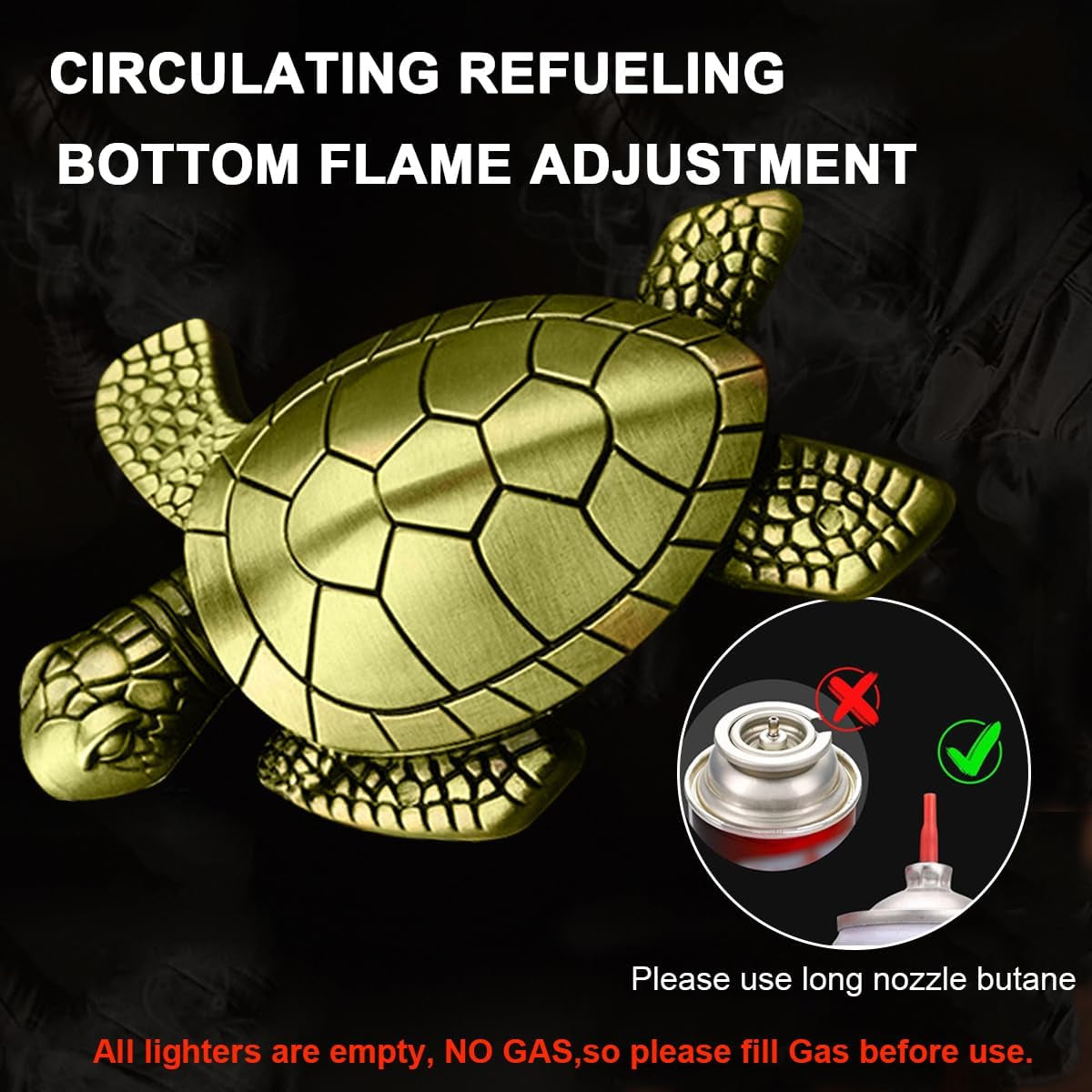 Turtle Lighter, Unique Soft Flame Refillable Butane Lighter, Bronze Metal Cute Tortoise Design, Unique Decorative Piece, for Men & Women (Gas Not Included)