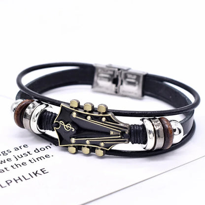 Retro Faux Leather Guitar Bracelet, Punk Rock Music Guitar Genuine Leather Bracelet, Handmade Braided Multi-Layer Wrap Bracelet