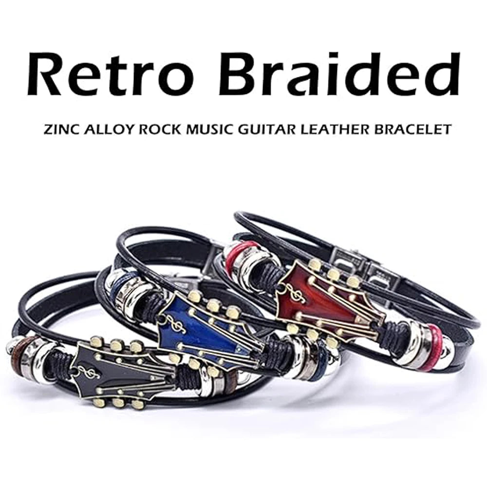 Retro Faux Leather Guitar Bracelet, Punk Rock Music Guitar Genuine Leather Bracelet, Handmade Braided Multi-Layer Wrap Bracelet