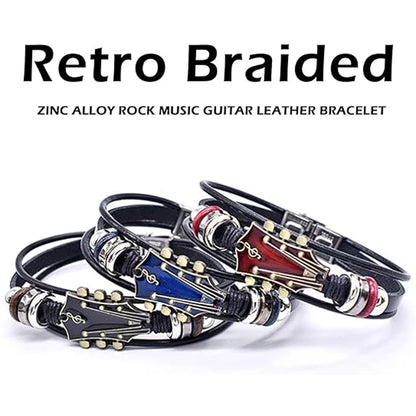 Retro Faux Leather Guitar Bracelet, Punk Rock Music Guitar Genuine Leather Bracelet, Handmade Braided Multi-Layer Wrap Bracelet