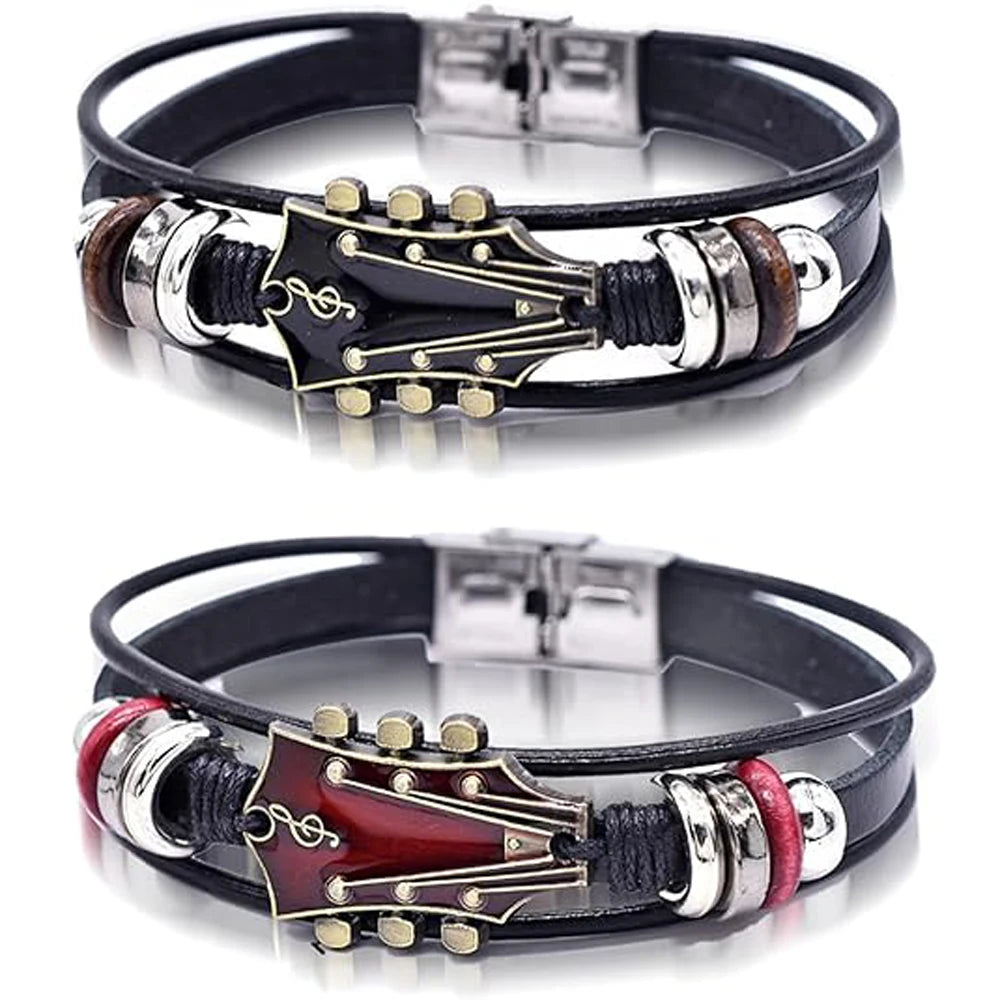 Retro Faux Leather Guitar Bracelet, Punk Rock Music Guitar Genuine Leather Bracelet, Handmade Braided Multi-Layer Wrap Bracelet