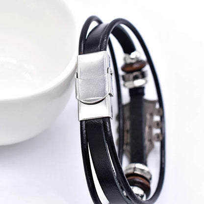 Retro Faux Leather Guitar Bracelet, Punk Rock Music Guitar Genuine Leather Bracelet, Handmade Braided Multi-Layer Wrap Bracelet